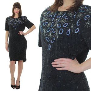 Vintage sequin beaded black party cocktail flapper dress